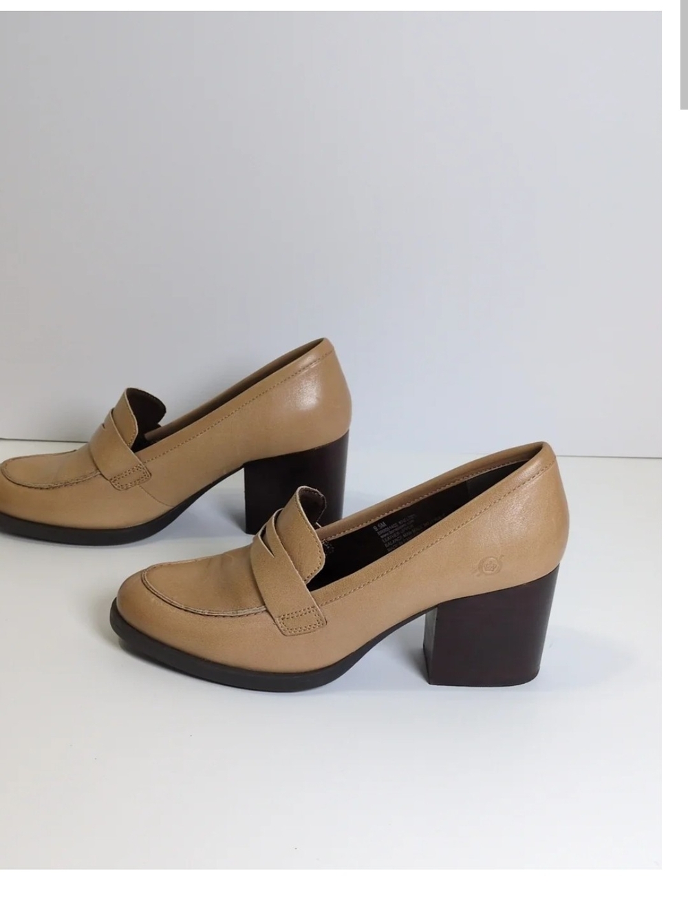 Born Beige Leather Block Heel Loafers
